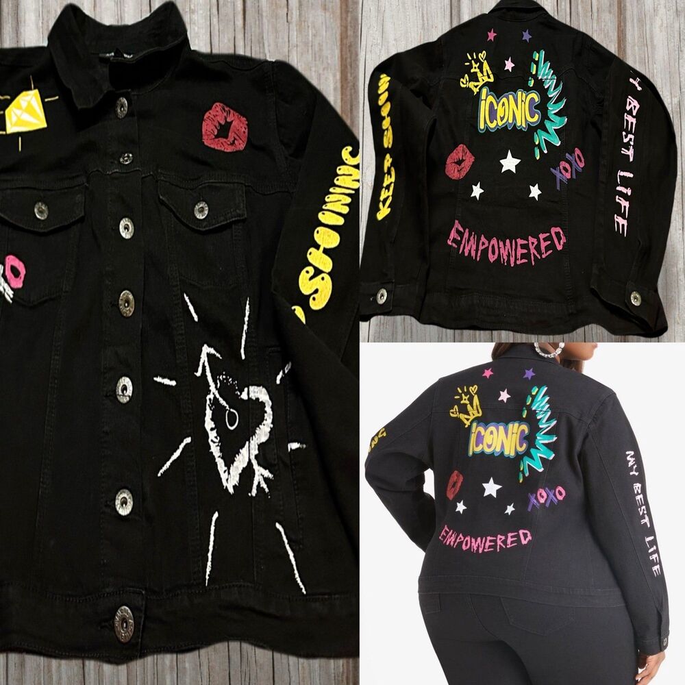 Ashley Stewart Black Graphic 'Iconic Empowered' Denim Jacket 18-20